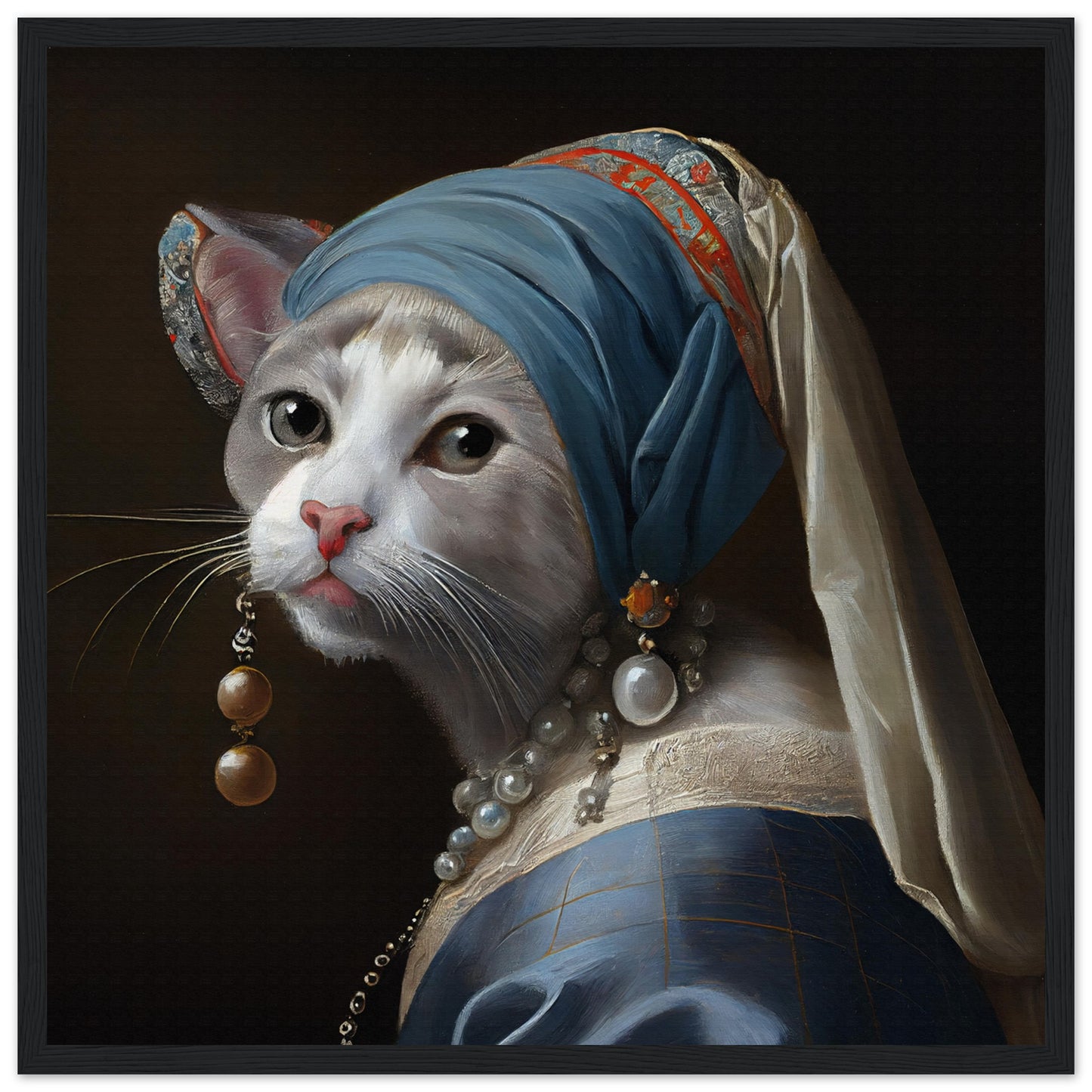 Kitty with a Pearl Earring Matte Paper Wooden Framed Poster