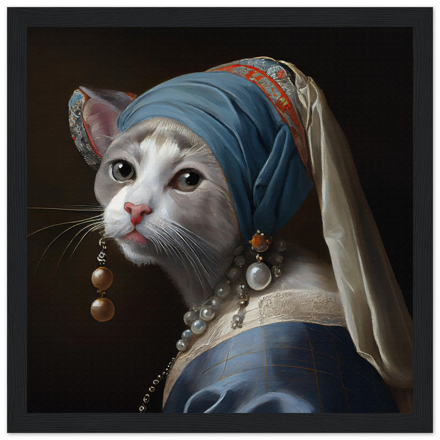 Kitty with a Pearl Earring Matte Paper Wooden Framed Poster