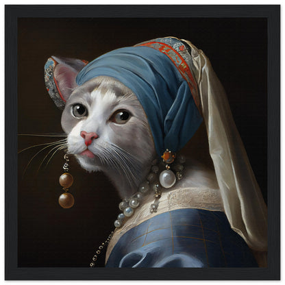 Kitty with a Pearl Earring Matte Paper Wooden Framed Poster