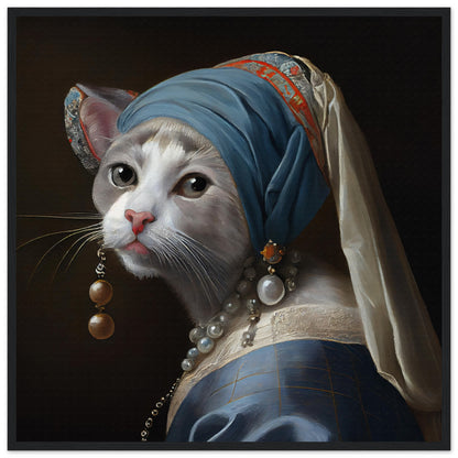 Kitty with a Pearl Earring Matte Paper Wooden Framed Poster