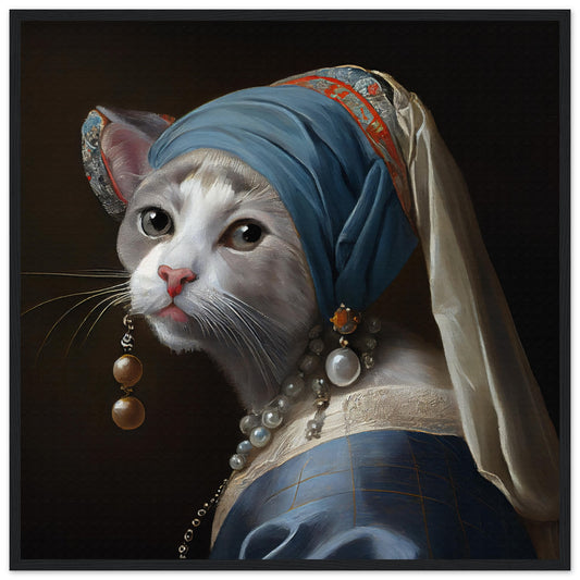 Kitty with a Pearl Earring Matte Paper Wooden Framed Poster