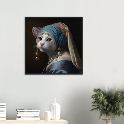 Kitty with a Pearl Earring Matte Paper Wooden Framed Poster