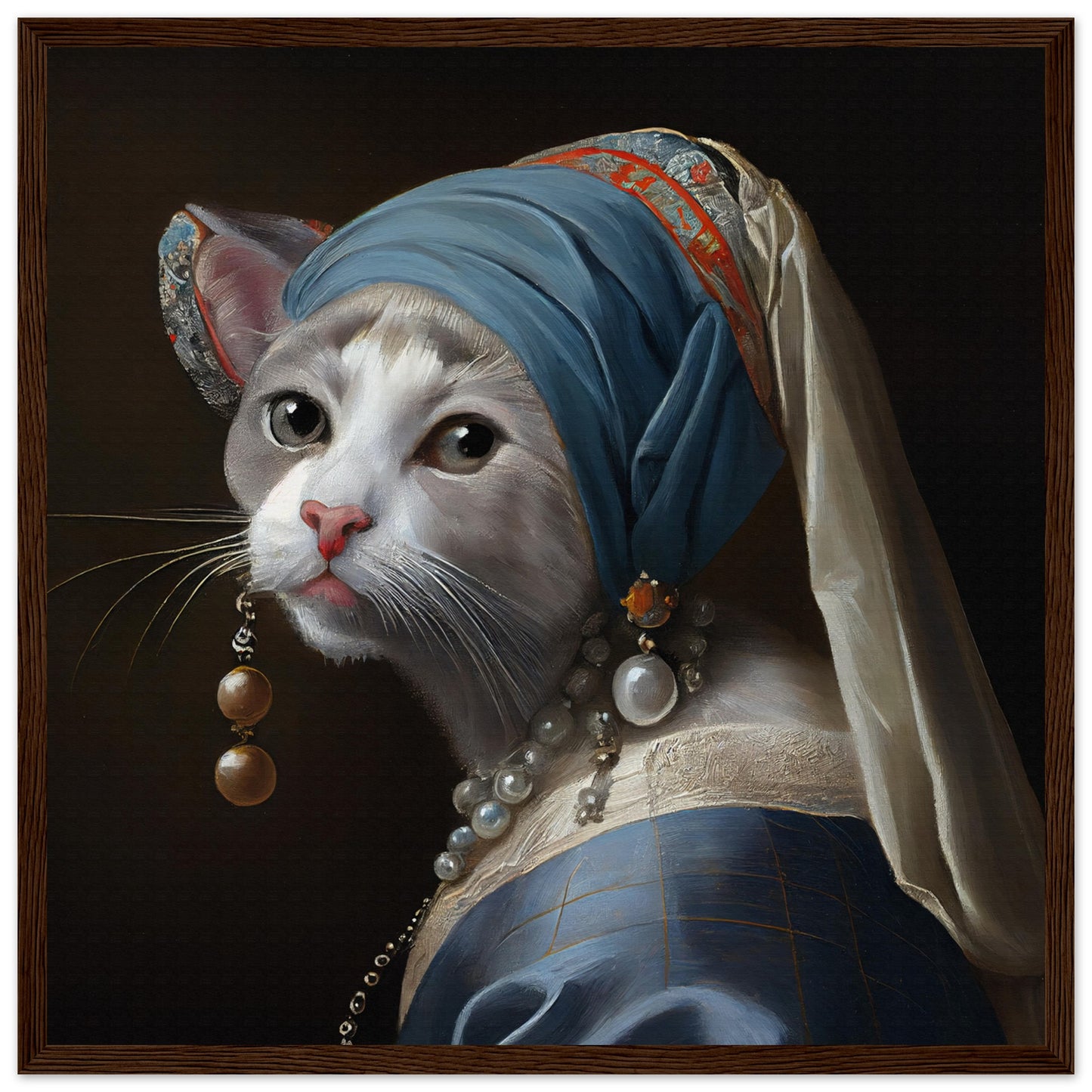 Kitty with a Pearl Earring Matte Paper Wooden Framed Poster