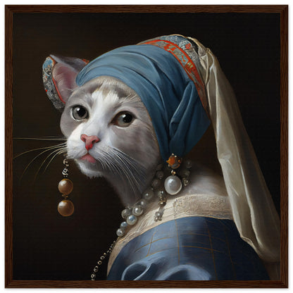 Kitty with a Pearl Earring Matte Paper Wooden Framed Poster