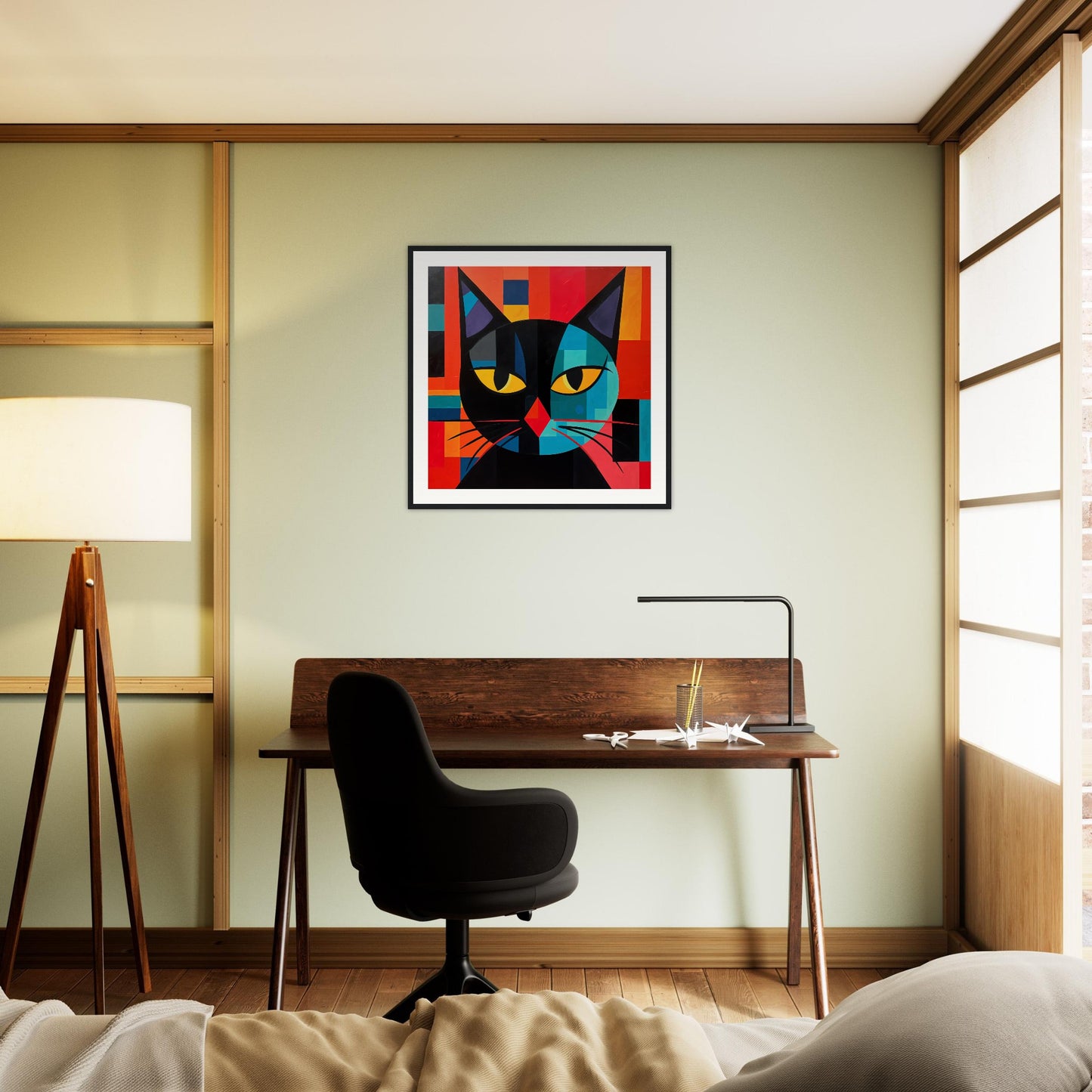 Kubist Kat Wooden Framed Poster